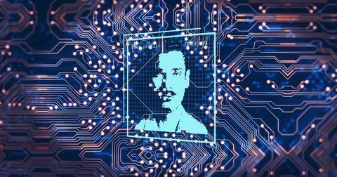 Displaying pixel face in holographic grid at center, showing wireframe markers 스톡 일러스트