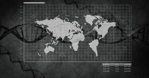 Displaying pixel world map on digital grid overlay showing markers, DNA strands, Stock Photos