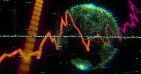 Displaying pixelated 3D globe in glitch-art HUD, with orange waveform graph a Stock Illustration