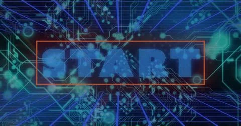 Displaying pixelated blue START letters floating in red frame on navy grid, with Stock Illustration
