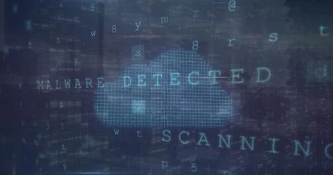 Displaying pixelated cloud icon flashing malware detected over scanning code Foto stock