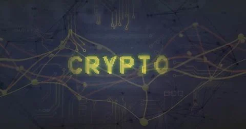 Displaying pixelated CRYPTO pulsing over dark digital circuit backdrop, with Stock Illustration