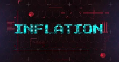 Displaying pixelated cyan INFLATION centering on dashboard, showing hex grid, Ilustración de archivo