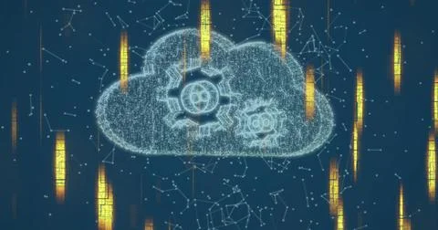 Displaying pixelated digital cloud icon processing data in virtual network 스톡 일러스트