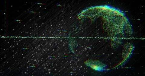 Displaying pixelated Earth globe glitching in interface, with RGB data line a Stock Photos