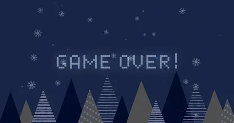 Displaying pixelated GAME OVER! text glowing in navy sky with snowflakes, Stock Illustration