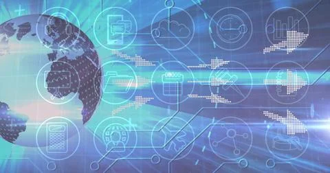 Displaying pixelated globe with binary overlay on left at data network with tech Illustrazione stock