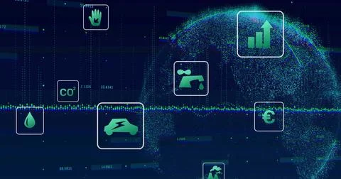 Displaying pixelated globe in blue data visualization, featuring CO? symbol and 스톡 일러스트