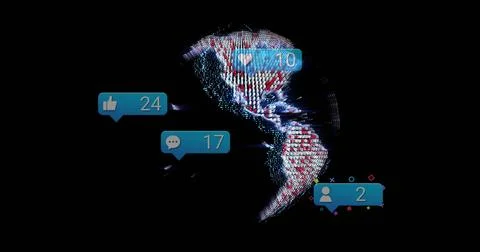 Displaying pixelated globe on dark data dashboard, with floating social media 스톡 일러스트