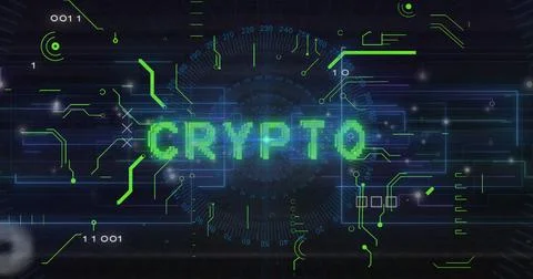 Displaying pixelated green CRYPTO text on digital interface, with radial gauge Stock Photos