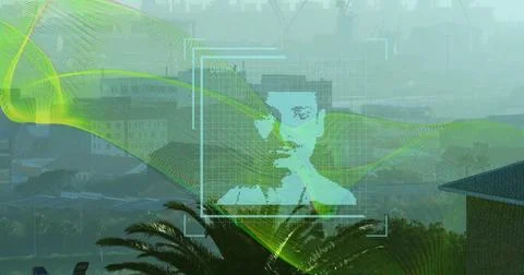 Displaying pixelated green face with grid and waveform overlay on misty hillside Foto stock