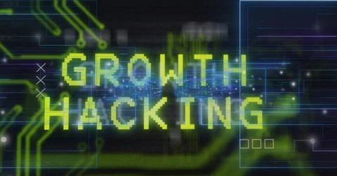 Displaying pixelated green Growth Hacking text on futuristic dashboard, with Stock Photos