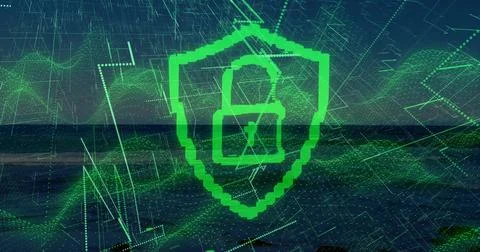 Displaying pixelated green shield enclosing padlock at ocean horizon with 库存插图