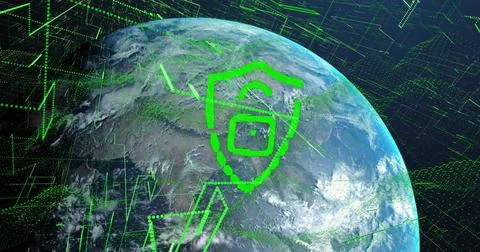 Displaying pixelated green shield icon shielding Earth in orbit, with digital 스톡 일러스트