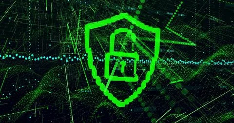 Displaying pixelated green shield with open padlock lighting grid, with glowing Stock Photos