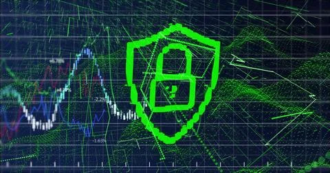 Displaying pixelated green shield with padlock securing interface at data Stock Illustration