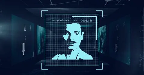 Displaying pixelated male face floating within virtual interface, with grid Ilustración de archivo