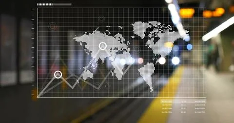 Displaying pixelated map HUD over blurred subway platform, showing line graphs Fotos de archivo