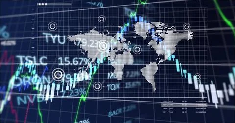 Displaying pixelated map spanning grid over trading dashboard with candlesticks Ilustração Stock