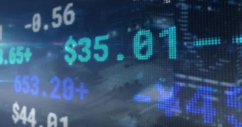 Displaying pixelated numbers on trading screen with LED ticker, dollar sign, 스톡 일러스트