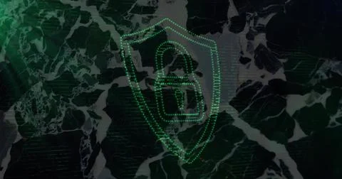 Displaying pixelated padlock icon being enclosed in green dotted shield on Stock Illustration