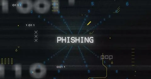 Displaying pixelated PHISHING text on dark grid, with blue numeric streams and 写真素材