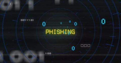 Displaying pixelated PHISHING text pulsing on dark cybersecurity HUD with radar 库存插图