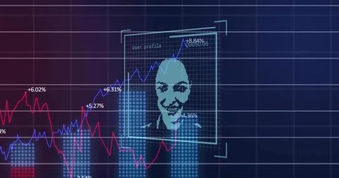 Displaying pixelated profile on dashboard, showing blue and red trends, perce Ilustración de archivo