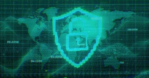 Displaying pixelated shield and padlock icon on digital panel, with world map 스톡 일러스트