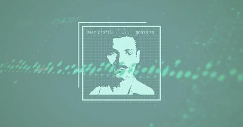 Displaying pixelated user profil avatar on teal interface with grid, code 00073 Stockfoto's