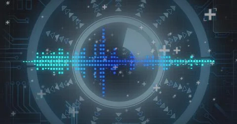 Displaying pixelated waveform with HUD rings on screen, showing grid, circuit Stock Illustration