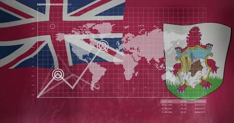 Displaying pixelated world map and line graph on red flag, with Union Jack, イラスト素材