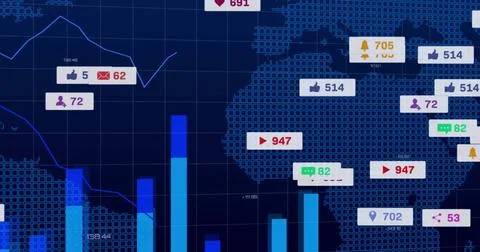 Displaying pixelated world map on data dashboard, with bar charts line graph and Stock Photos