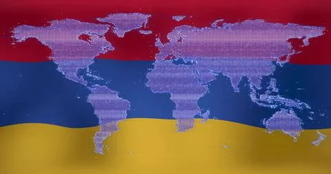 Displaying pixelated world map overlaying tricolor flag stripes in digital ar Stock Photos