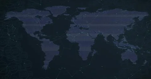 Displaying pixelated world map revealing network nodes on digital panel, with Illustrazione stock