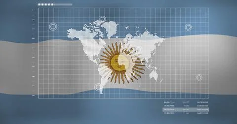 Displaying pixelated world map on screen with golden sun emblem, white grid and 스톡 일러스트