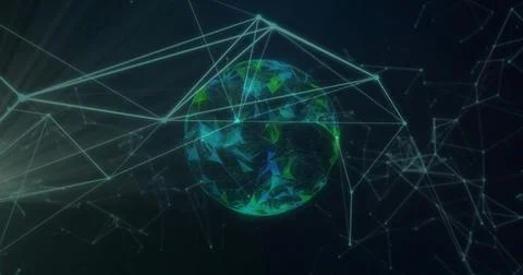 Displaying planet-like digital globe rotating in virtual space, with luminous Stock Photos