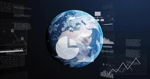Displaying planet Earth floating in outer space, showing pie-chart overlay, line Illustrazione stock
