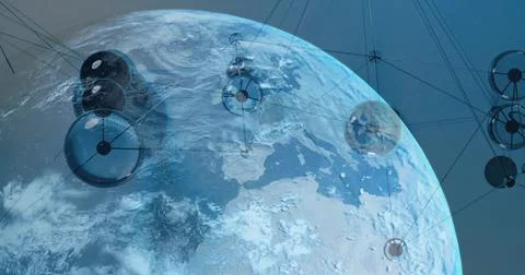 Displaying planet Earth hemisphere rotating in low Earth orbit, with orbital Stock Illustration