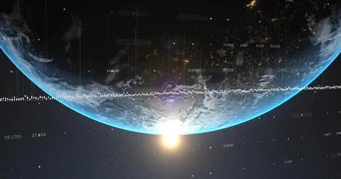 Displaying planet Earth rotating above near-Earth orbit, showing sunrise and Stock Illustration