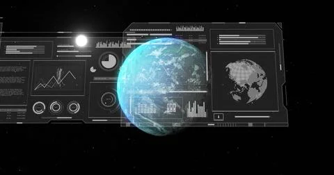 Displaying planet Earth rotating inside HUD in space, with line charts, pie Stock Illustration