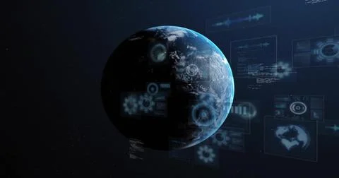 Displaying planet Earth rotating in orbit view, with holographic UI panels and Stock Illustration