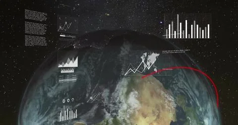 Displaying planet Earth rotating from orbit showing clouds, stars, data graphs Stock Photos