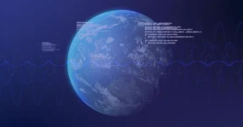 Displaying Planet Earth rotating in outer space, showing sinewave lines, code 스톡 일러스트