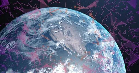 Displaying planet Earth rotating over North America in space, purple network Ilustração Stock