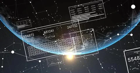 Displaying planet with lit limb and solar glare in orbit, with HUD panels and Stock Illustration