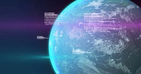 Displaying planetary globe hovering in outer space, with floating code fragments Photos