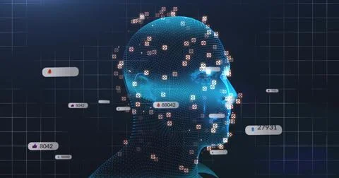 Displaying point-cloud blue head model scanning in virtual AI interface, showing Stock Photos