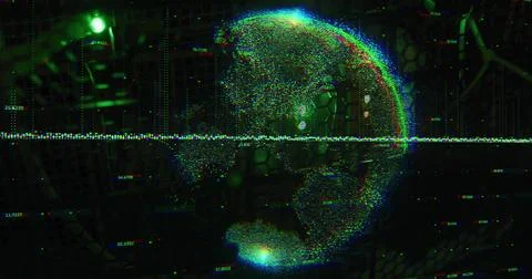 Displaying point-cloud globe of Earth in data interface, showing hex panels and 库存插图