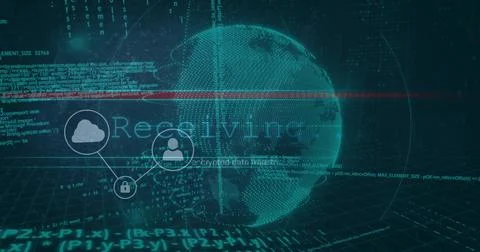 Displaying point-cloud globe with red line, network icons and code in Stock Photos